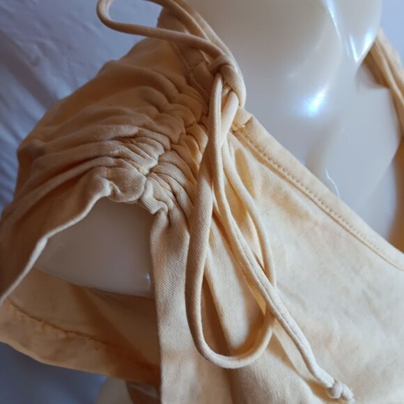 Small Vintage 80's Top Yellow V-Neck T-shirt Crop Ruched Shoulders Drawstring - Picture 4 of 7